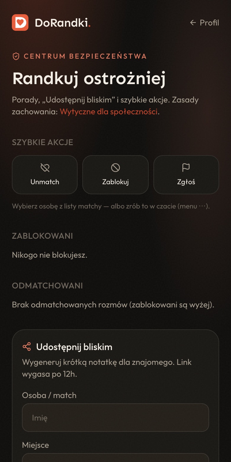 Centrum bezpieczeństwa — unmatch, blokada, zgłoszenie